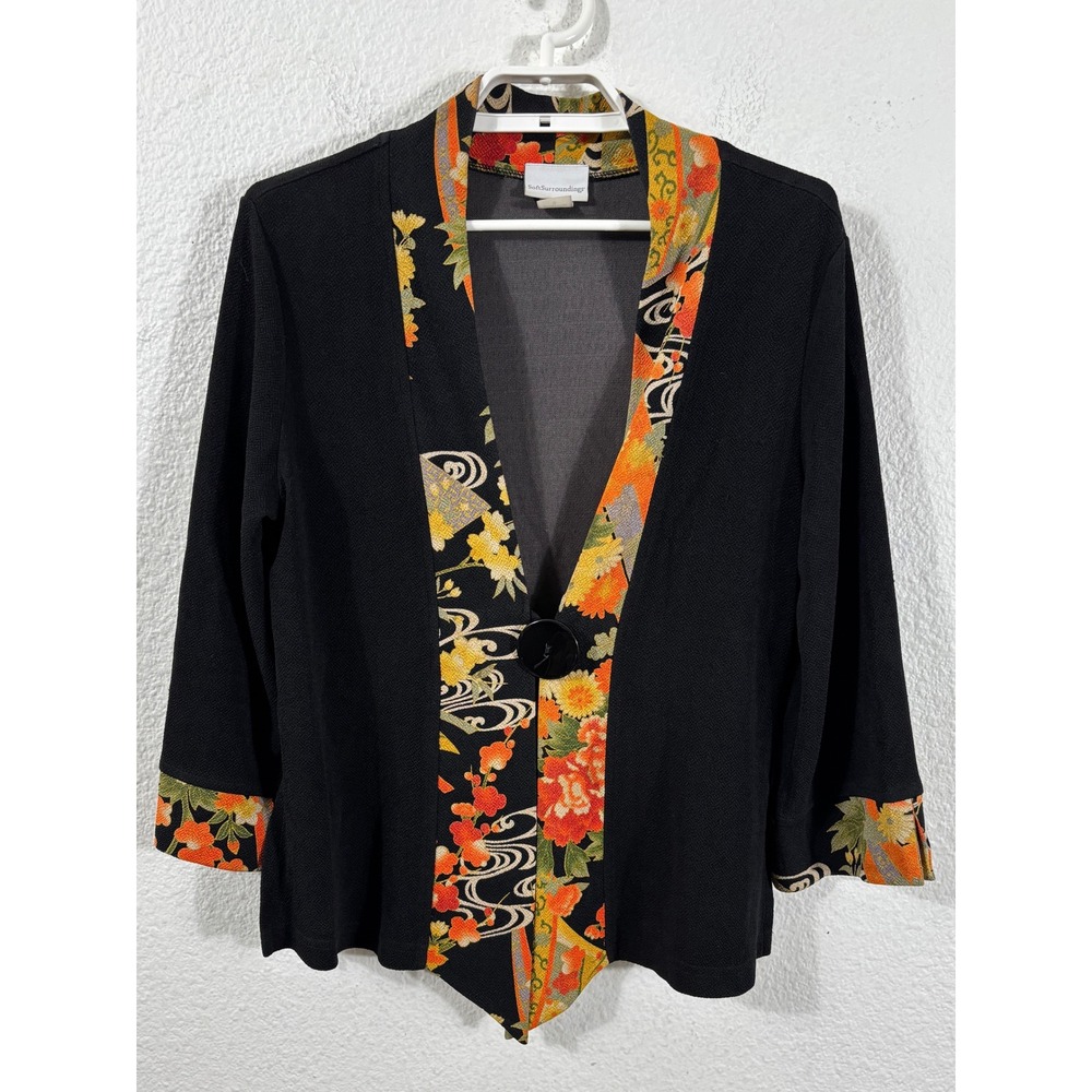 Soft Surroundings Blazer Women S Black Excellent Asian Floral Kimono Style